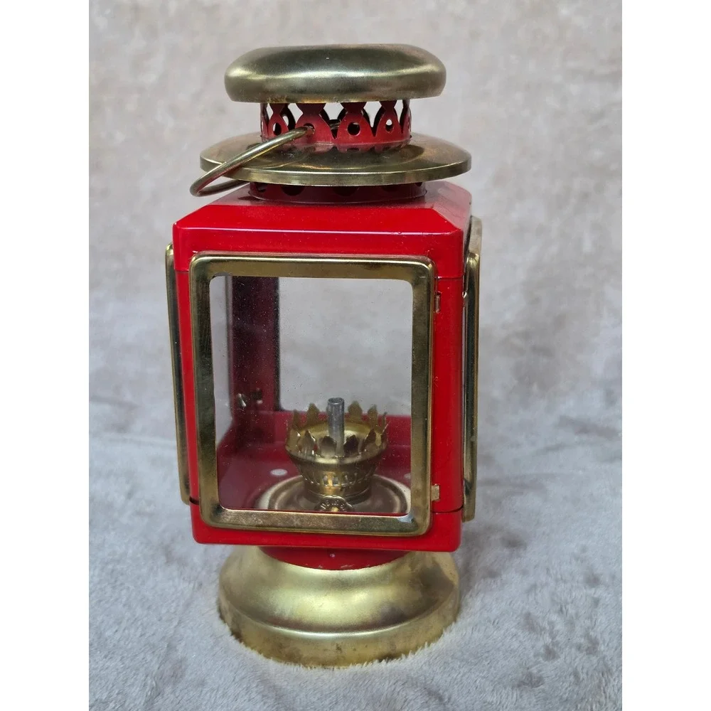 Vintage Red Metal and Brass Miniature Oil Lantern Glass Hurricane Lamp 7.5 inch